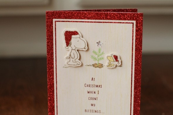 A Christmas card with Snoopy and Woodstock on the front.