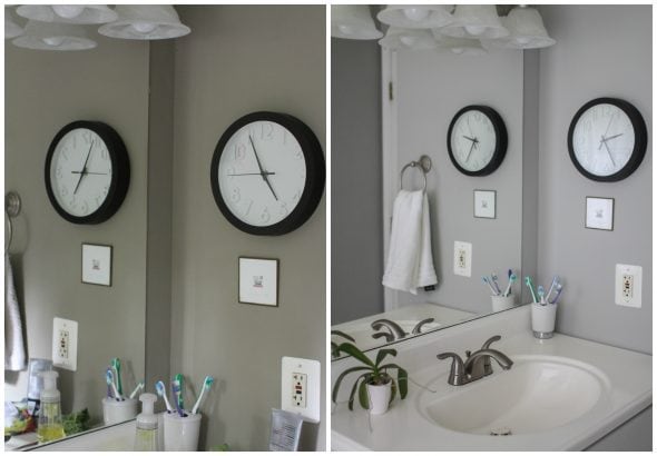 before and after of a gray bathroom.