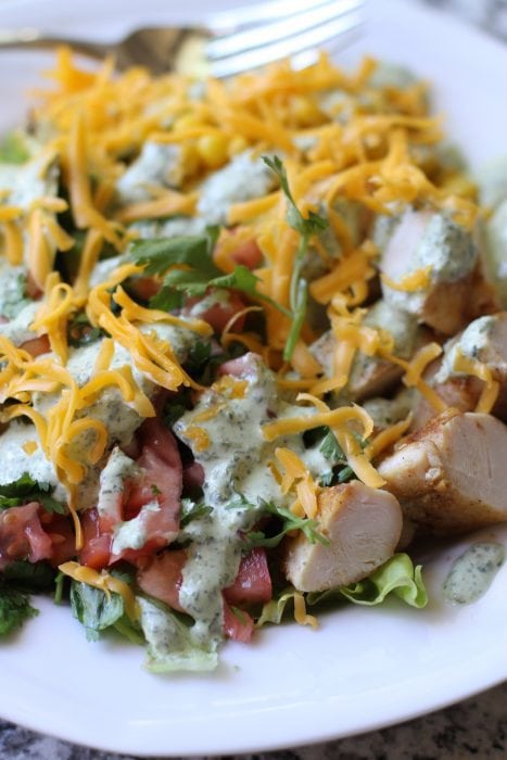 chicken taco salad on a white plate.