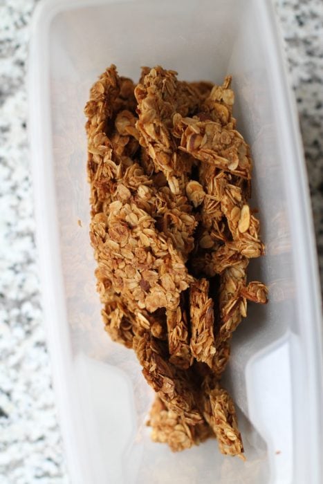 Chunks of granola in a Rubbermaid container.