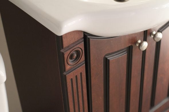 A dark brown bathroom vanity cabinet.