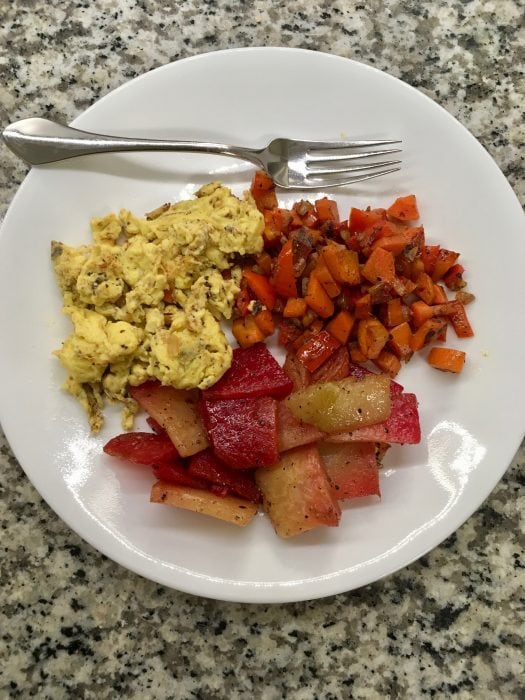 Scrambled eggs with veggies.