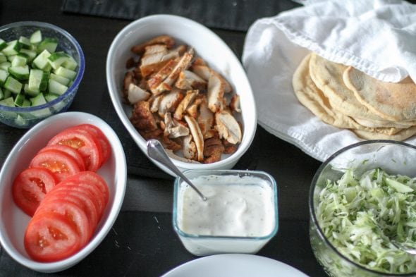 A spread of chicken shawarma ingredients.