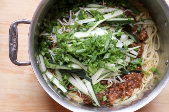 Zha jian Mian in a stockpot.