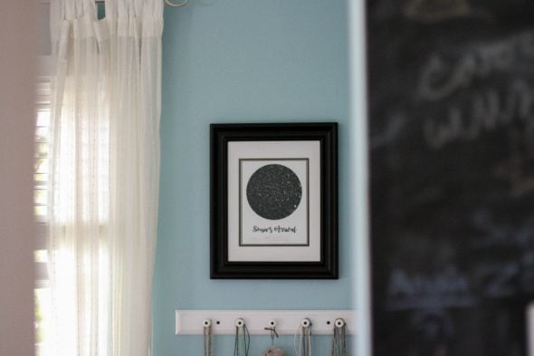 A black framed star map hung on a teal wall.