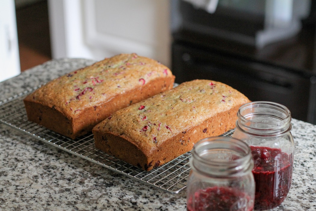 cranberry bread on wire rack.