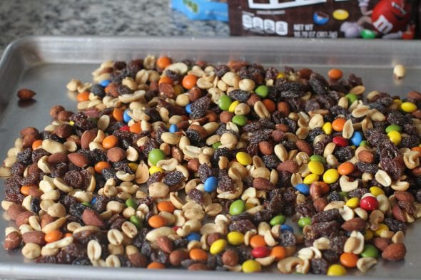 Aldi trail mix, spread out in a pan.