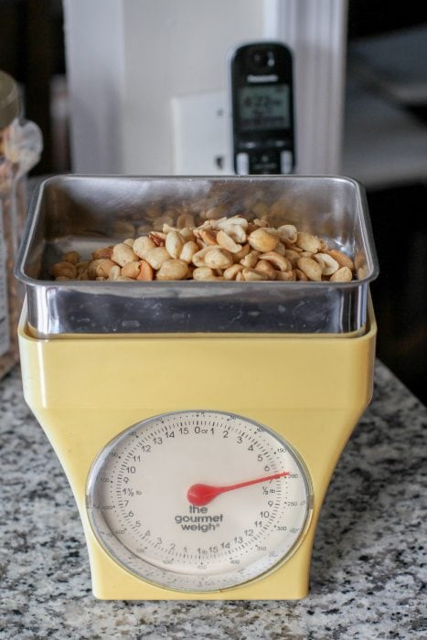 Nuts in a kitchen scale.