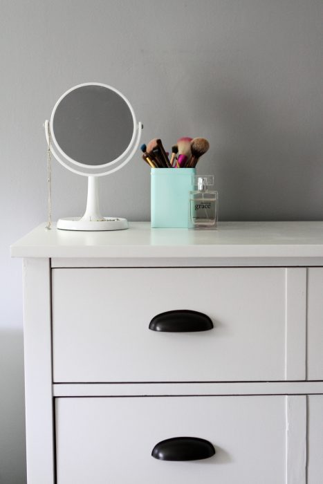 Benjamin Moore Cloud White Advance painted dresser.