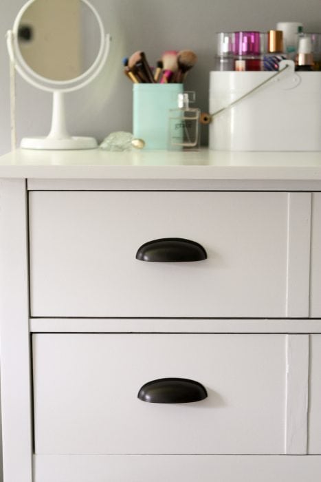 painted white Bassett dresser with cup pulls