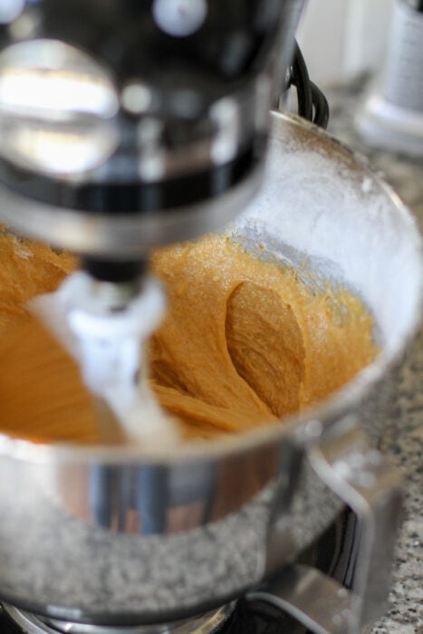 stand mixer beating yeast dough
