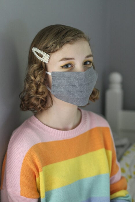 Sonia in gray homemade mask