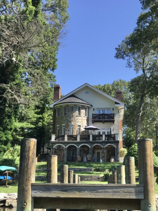 waterfront home on a sunny day.