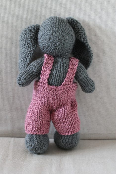 gray bunny with pink overalls