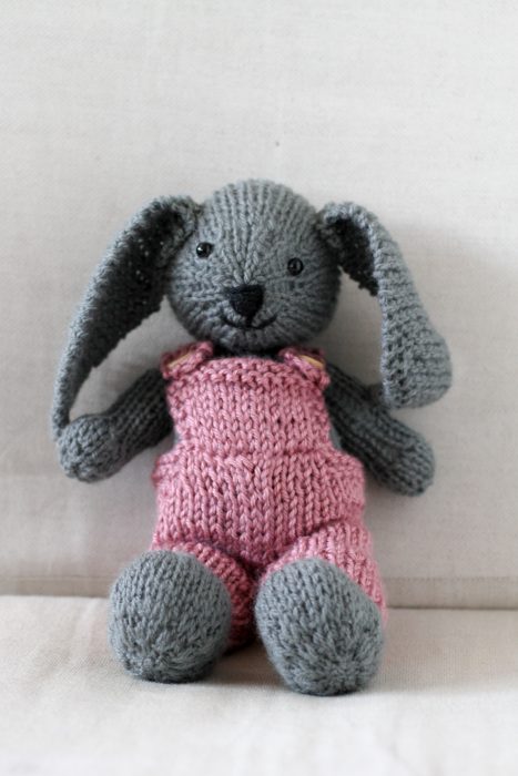 gray bunny with pink overalls