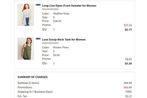 Old Navy Order summary