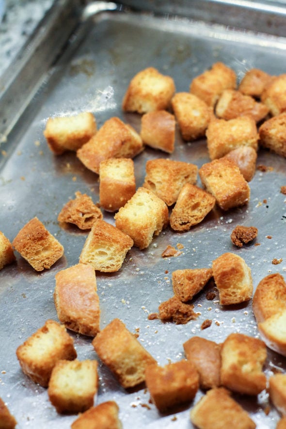 Croutons on a baking sheet.