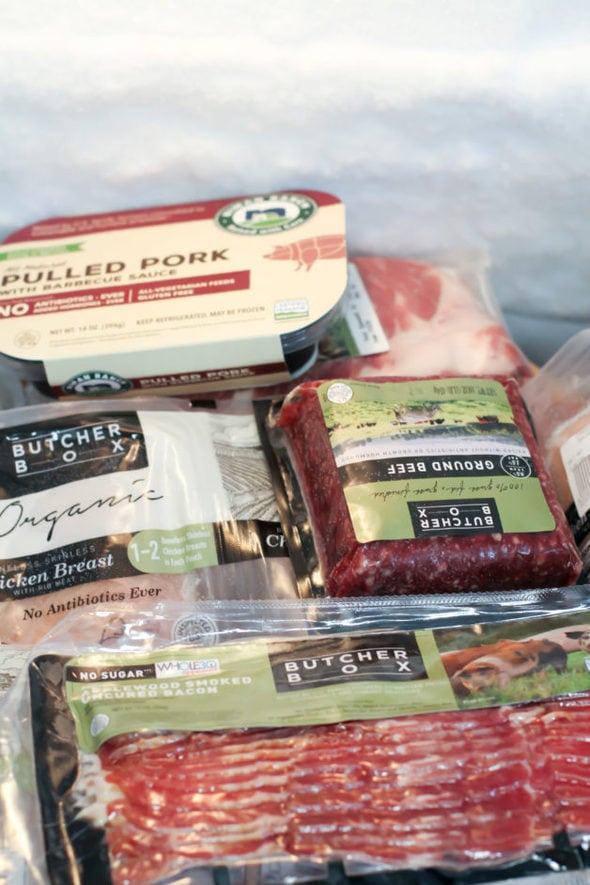 Butcher Box packages in Kristen's freezer.