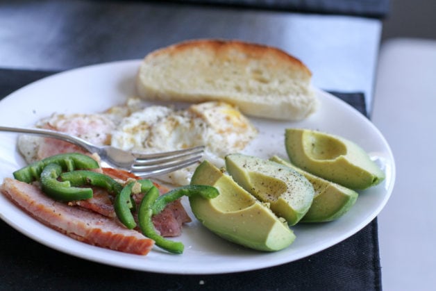 Eggs and ham breakfast plate.
