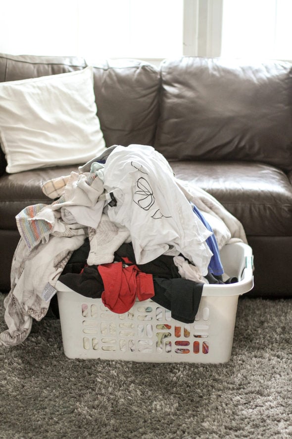 laundry in a white basket.