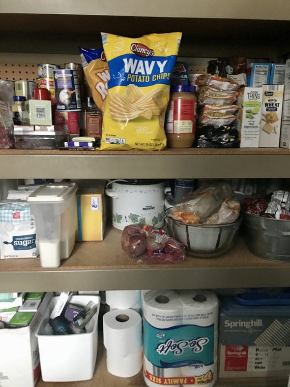 An organized pantry shelf.