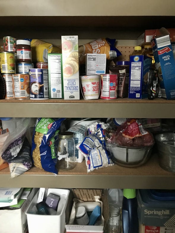 A messy pantry shelf.