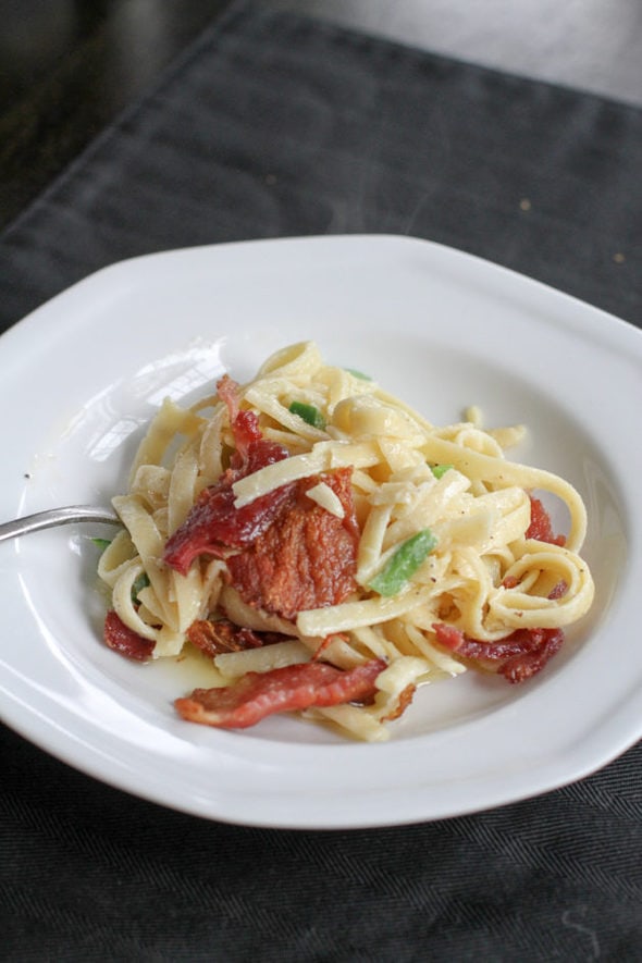 Pasta alfredo with bacon.