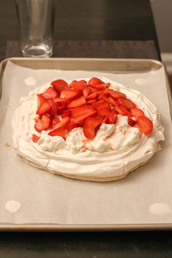 Pavlova topped with strawberries