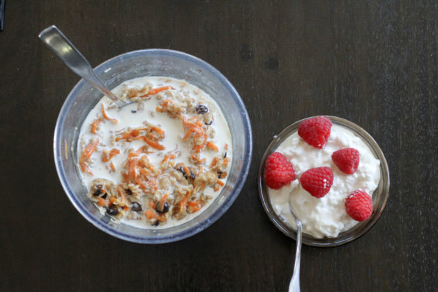 Carrot cake oats with cottage cheese and raspberries.