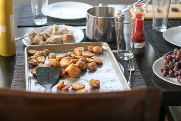 Roasted potatoes on a dining room table.