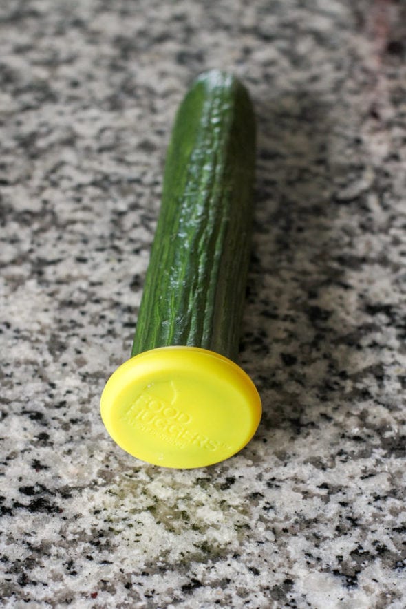 cucumber with a yellow Food Hugger.
