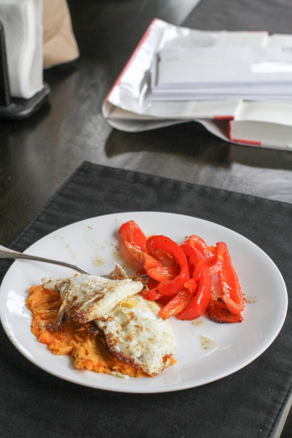 Peppers, eggs, and sweet potatoes.