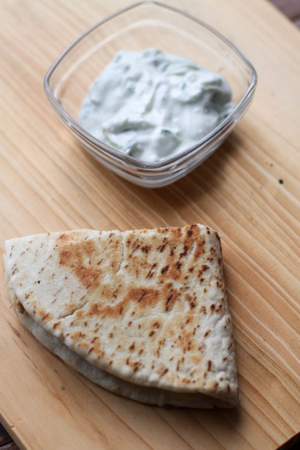 grilled pita panin with tzatziki sauce.