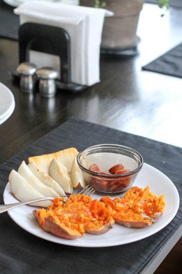 sweet potatoes, pears, and sausage for lunch.