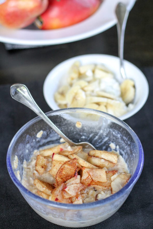 Fried apple oatmeal in a bowl.