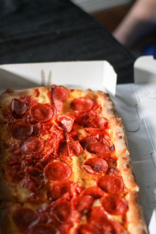 A rectangular pepperoni pizza.