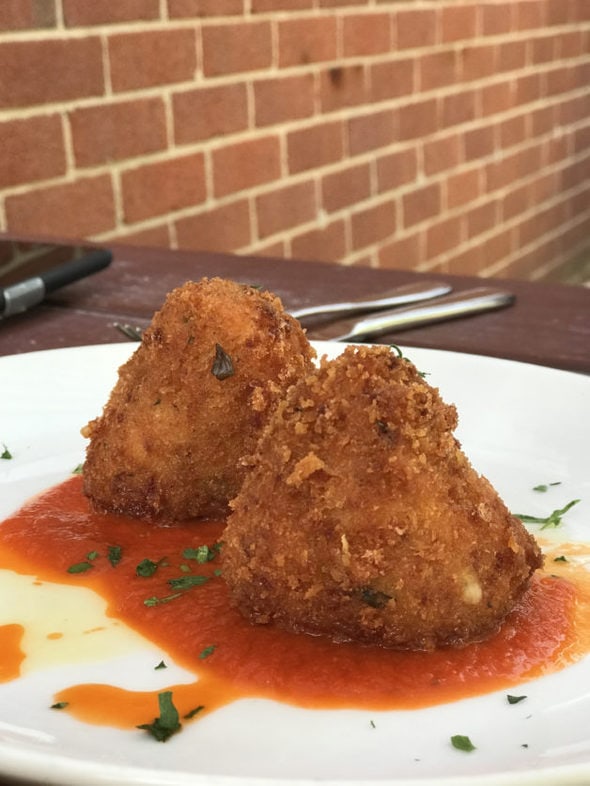 Two arancini on a white plate.