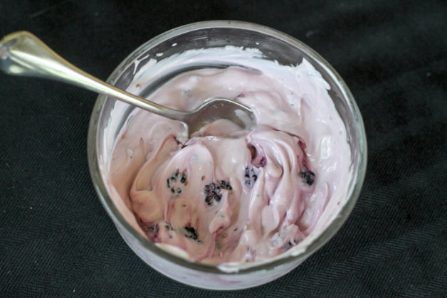 A bowl of yogurt with mulberries stirred in.