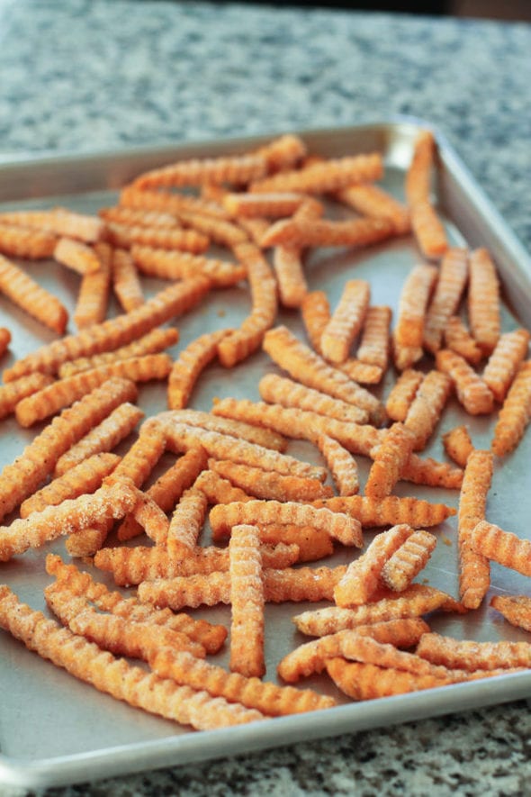 A sheet pan of sweet potato fries.