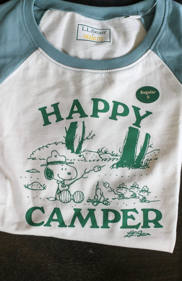 A Snoopy t-shirt that says "Happy Camper".