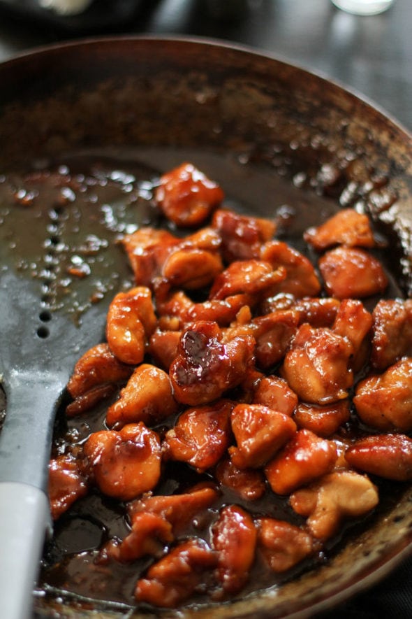 Cook's Country bourbon chicken in a skillet.