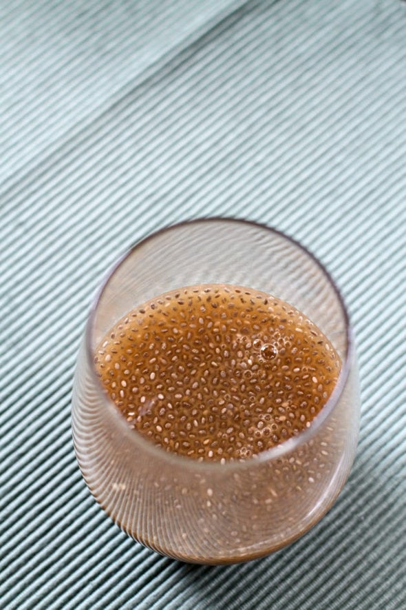 Gold Fusion chia drink in a glass.