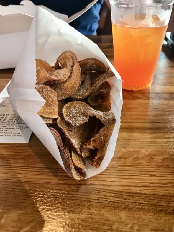 handmade sweet potato chips on a restaurant table.