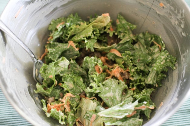 ground beef salad in a metal bowl.