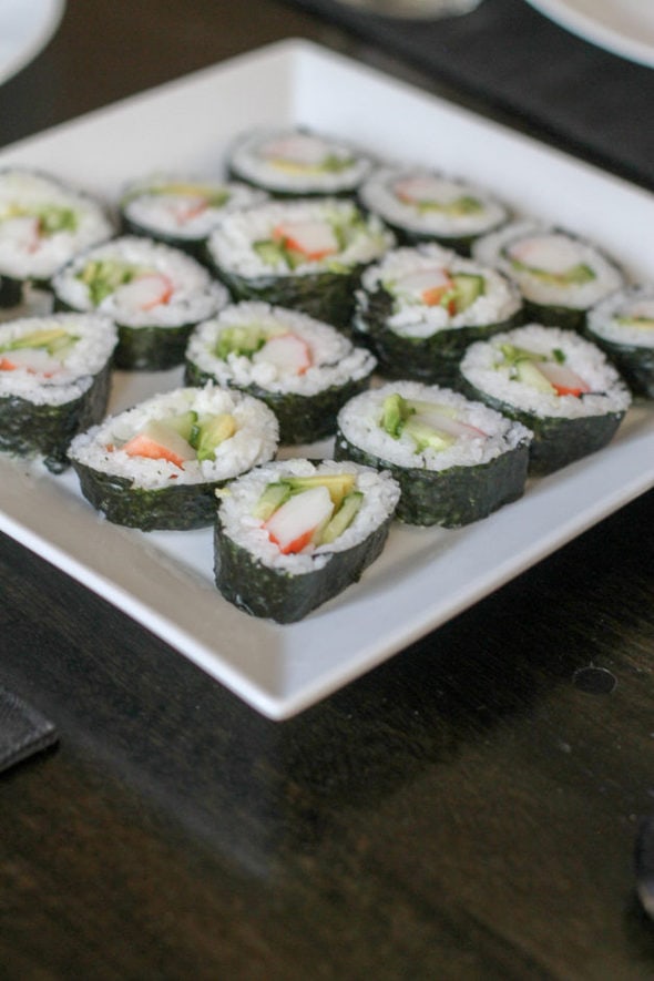 Sushi on a square plate.