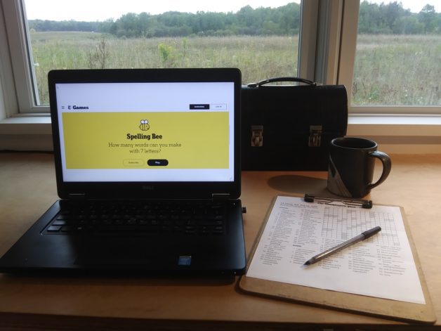 MB's desk overlooking a field.