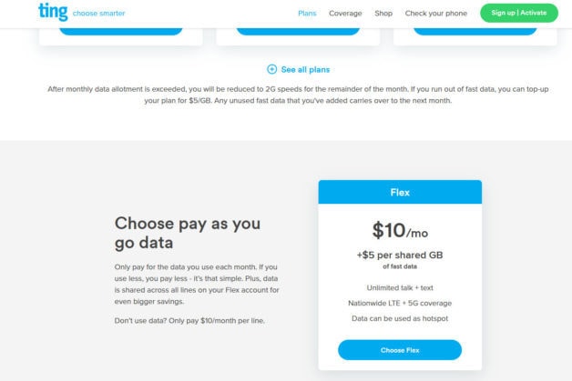 Ting's Flex plan details.