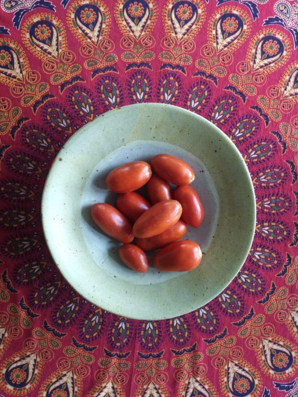 tomatoes in a green bowl.