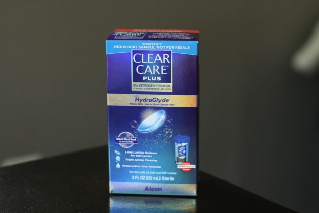 A sample box of Clear Care contact solution.