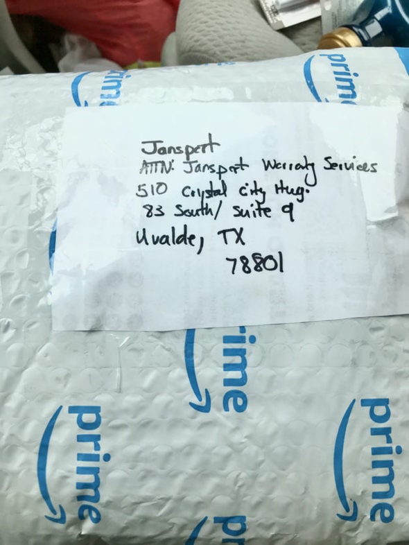 A padded envelope addressed to Jansport.